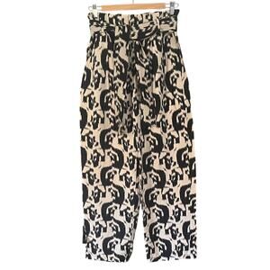 Zara Black and Cream Patterned High-Waisted Pants with Tie Size Medium
